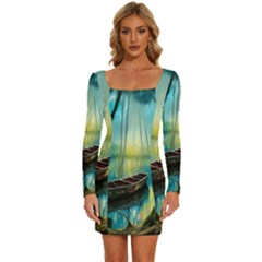 Swamp Bayou Rowboat Sunset Landscape Lake Water Moss Trees Logs Nature Scene Boat Twilight Quiet Long Sleeve Square Neck Bodycon Velvet Dress by Grandong