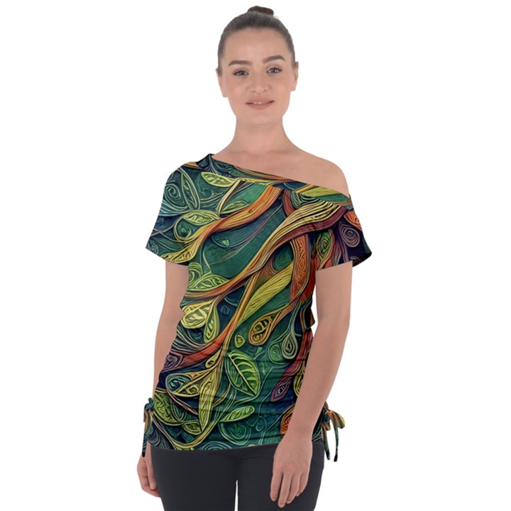 Outdoors Night Setting Scene Forest Woods Light Moonlight Nature Wilderness Leaves Branches Abstract Off Shoulder Tie-Up T-Shirt