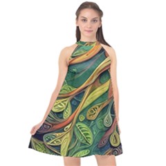 Outdoors Night Setting Scene Forest Woods Light Moonlight Nature Wilderness Leaves Branches Abstract Halter Neckline Chiffon Dress  by Grandong