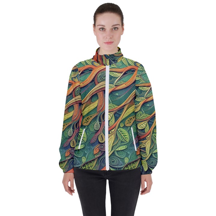 Outdoors Night Setting Scene Forest Woods Light Moonlight Nature Wilderness Leaves Branches Abstract Women s High Neck Windbreaker