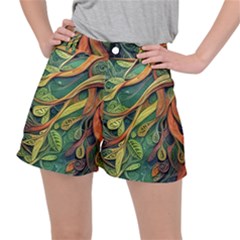 Outdoors Night Setting Scene Forest Woods Light Moonlight Nature Wilderness Leaves Branches Abstract Women s Ripstop Shorts by Grandong