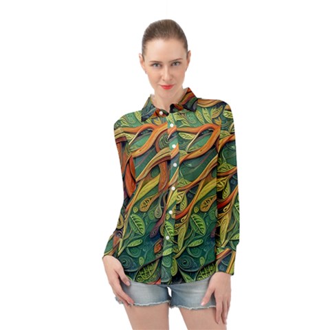 Outdoors Night Setting Scene Forest Woods Light Moonlight Nature Wilderness Leaves Branches Abstract Long Sleeve Chiffon Shirt by Grandong