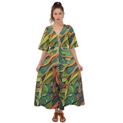 Outdoors Night Setting Scene Forest Woods Light Moonlight Nature Wilderness Leaves Branches Abstract Kimono Sleeve Boho Dress by Grandong