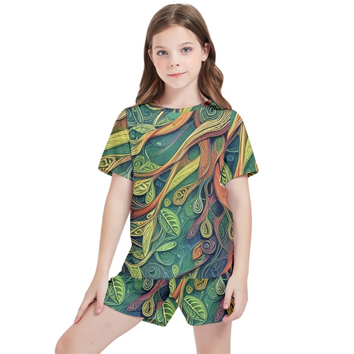 Outdoors Night Setting Scene Forest Woods Light Moonlight Nature Wilderness Leaves Branches Abstract Kids  T-Shirt And Sports Shorts Set