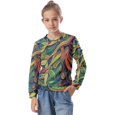 Outdoors Night Setting Scene Forest Woods Light Moonlight Nature Wilderness Leaves Branches Abstract Kids  Long Sleeve T-shirt With Frill  by Grandong