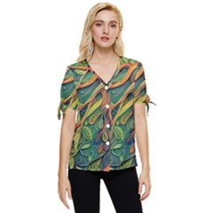 Outdoors Night Setting Scene Forest Woods Light Moonlight Nature Wilderness Leaves Branches Abstract Bow Sleeve Button Up Top by Grandong