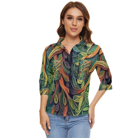 Outdoors Night Setting Scene Forest Woods Light Moonlight Nature Wilderness Leaves Branches Abstract Women s Quarter Sleeve Pocket Shirt by Grandong