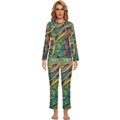 Outdoors Night Setting Scene Forest Woods Light Moonlight Nature Wilderness Leaves Branches Abstract Womens  Long Sleeve Lightweight Pajamas Set by Grandong