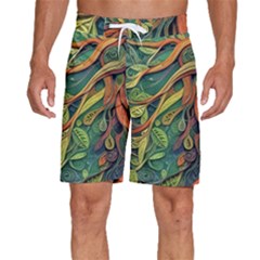 Outdoors Night Setting Scene Forest Woods Light Moonlight Nature Wilderness Leaves Branches Abstract Men s Beach Shorts by Grandong