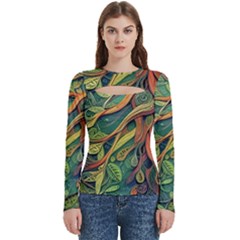 Outdoors Night Setting Scene Forest Woods Light Moonlight Nature Wilderness Leaves Branches Abstract Women s Cut Out Long Sleeve T-shirt by Grandong