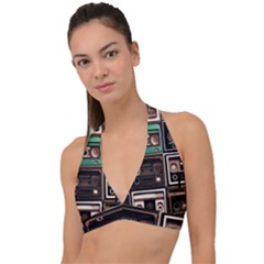 Retro Electronics Old Antiques Texture Wallpaper Vintage Cassette Tapes Retrospective Halter Plunge Bikini Top by Grandong