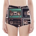 Retro Electronics Old Antiques Texture Wallpaper Vintage Cassette Tapes Retrospective High-Waisted Bikini Bottoms View1