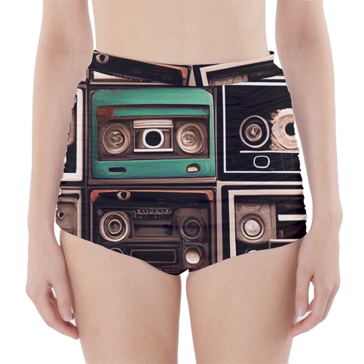 Retro Electronics Old Antiques Texture Wallpaper Vintage Cassette Tapes Retrospective High-Waisted Bikini Bottoms