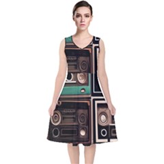 Retro Electronics Old Antiques Texture Wallpaper Vintage Cassette Tapes Retrospective V-neck Midi Sleeveless Dress  by Grandong