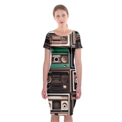 Retro Electronics Old Antiques Texture Wallpaper Vintage Cassette Tapes Retrospective Classic Short Sleeve Midi Dress by Grandong