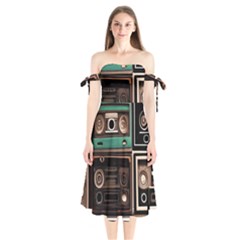 Retro Electronics Old Antiques Texture Wallpaper Vintage Cassette Tapes Retrospective Shoulder Tie Bardot Midi Dress by Grandong