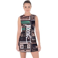 Retro Electronics Old Antiques Texture Wallpaper Vintage Cassette Tapes Retrospective Lace Up Front Bodycon Dress by Grandong