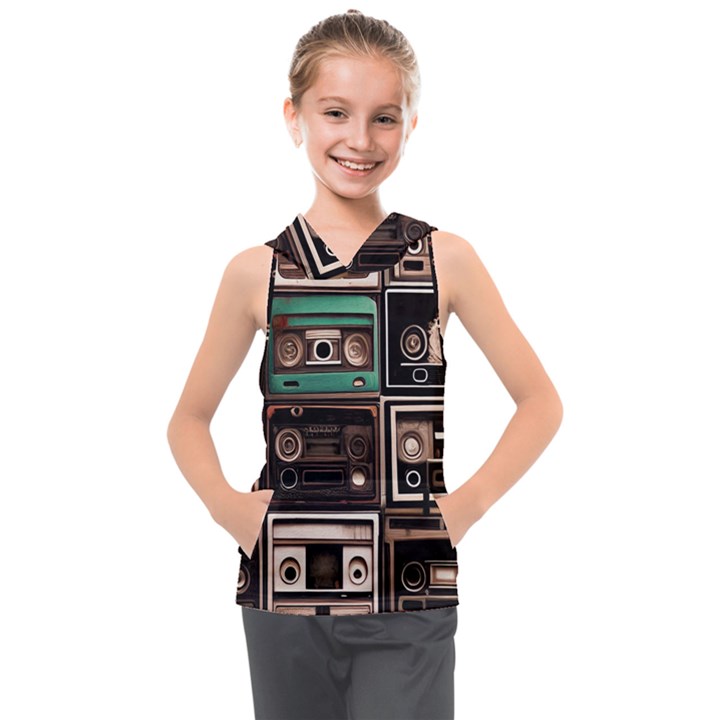 Retro Electronics Old Antiques Texture Wallpaper Vintage Cassette Tapes Retrospective Kids  Sleeveless Hoodie