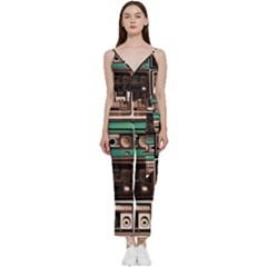 Retro Electronics Old Antiques Texture Wallpaper Vintage Cassette Tapes Retrospective V-neck Camisole Jumpsuit by Grandong