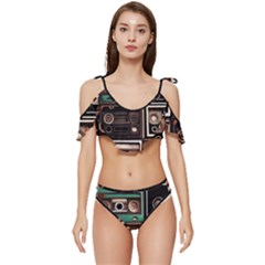 Retro Electronics Old Antiques Texture Wallpaper Vintage Cassette Tapes Retrospective Ruffle Edge Tie Up Bikini Set	 by Grandong