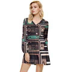 Retro Electronics Old Antiques Texture Wallpaper Vintage Cassette Tapes Retrospective Tiered Long Sleeve Mini Dress by Grandong