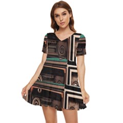 Retro Electronics Old Antiques Texture Wallpaper Vintage Cassette Tapes Retrospective Tiered Short Sleeve Babydoll Dress by Grandong