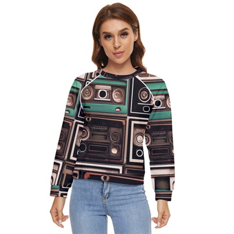 Retro Electronics Old Antiques Texture Wallpaper Vintage Cassette Tapes Retrospective Women s Long Sleeve Raglan T-shirt by Grandong