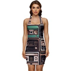 Retro Electronics Old Antiques Texture Wallpaper Vintage Cassette Tapes Retrospective Sleeveless Wide Square Neckline Ruched Bodycon Dress by Grandong