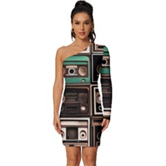 Retro Electronics Old Antiques Texture Wallpaper Vintage Cassette Tapes Retrospective Long Sleeve One Shoulder Mini Dress by Grandong