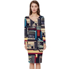 Radios Tech Technology Music Vintage Antique Old Long Sleeve V-neck Bodycon Dress  by Grandong