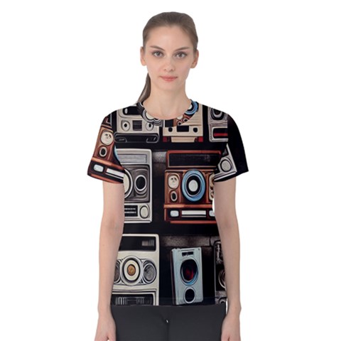 Retro Cameras Old Vintage Antique Technology Wallpaper Retrospective Women s Cotton T-shirt by Grandong