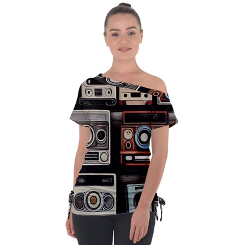 Retro Cameras Old Vintage Antique Technology Wallpaper Retrospective Off Shoulder Tie-up T-shirt by Grandong