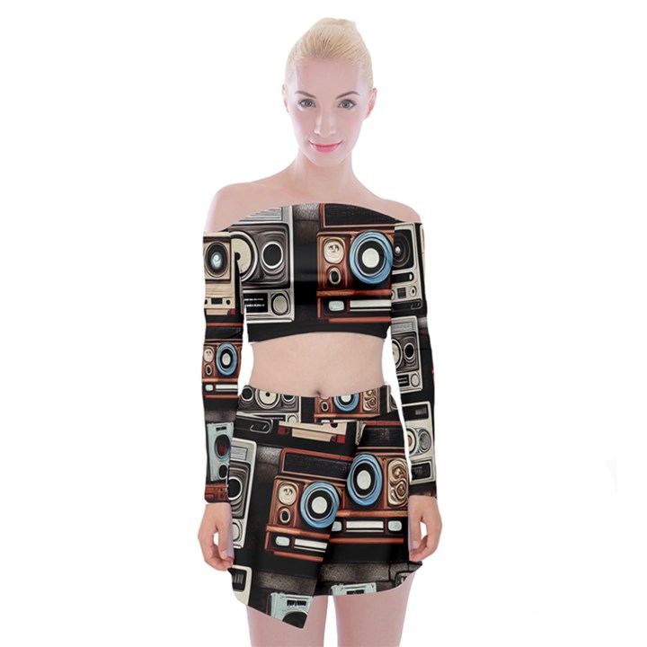 Retro Cameras Old Vintage Antique Technology Wallpaper Retrospective Off Shoulder Top with Mini Skirt Set