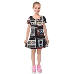 Retro Cameras Old Vintage Antique Technology Wallpaper Retrospective Kids  Short Sleeve Velvet Dress by Grandong