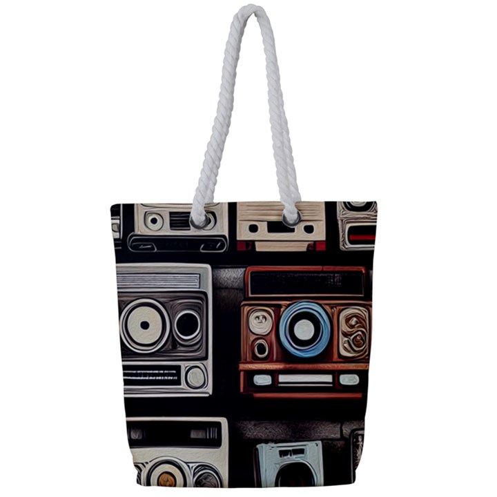 Retro Cameras Old Vintage Antique Technology Wallpaper Retrospective Full Print Rope Handle Tote (Small)