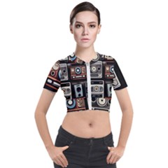 Retro Cameras Old Vintage Antique Technology Wallpaper Retrospective Short Sleeve Cropped Jacket by Grandong