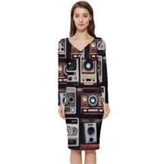 Retro Cameras Old Vintage Antique Technology Wallpaper Retrospective Long Sleeve V-neck Bodycon Dress  by Grandong