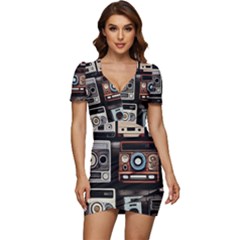 Retro Cameras Old Vintage Antique Technology Wallpaper Retrospective Low Cut Cap Sleeve Mini Dress