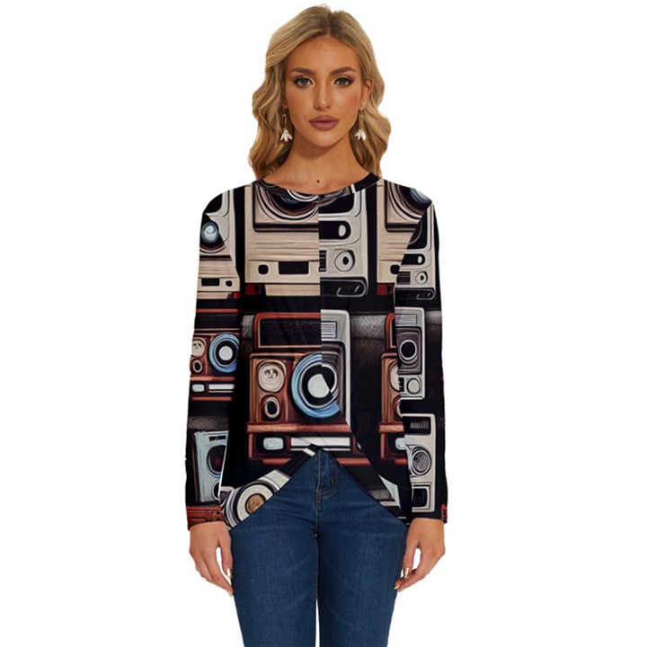 Retro Cameras Old Vintage Antique Technology Wallpaper Retrospective Long Sleeve Crew Neck Pullover Top