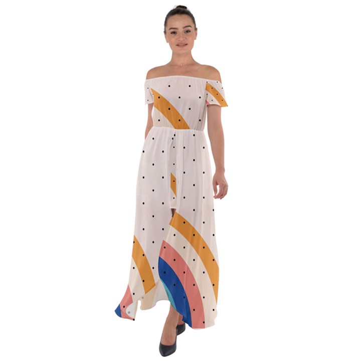 Abstract Geometric Bauhaus Polka Dots Retro Memphis Rainbow Off Shoulder Open Front Chiffon Dress