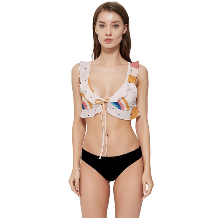 Abstract Geometric Bauhaus Polka Dots Retro Memphis Rainbow Low Cut Ruffle Edge Bikini Top