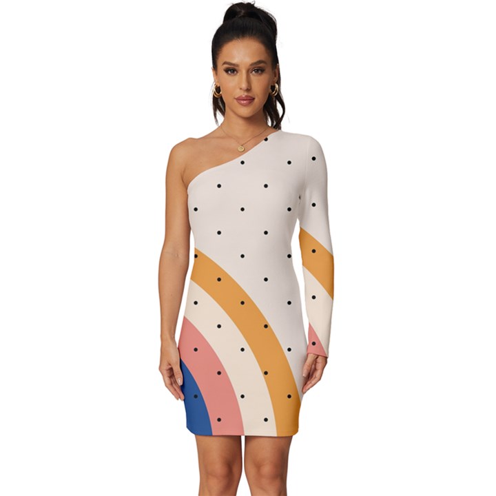 Abstract Geometric Bauhaus Polka Dots Retro Memphis Rainbow Long Sleeve One Shoulder Mini Dress