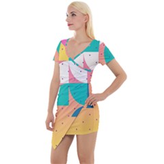 Abstract Geometric Bauhaus Polka Dots Retro Memphis Art Short Sleeve Asymmetric Mini Dress