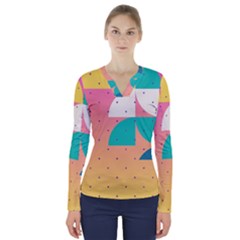 Abstract Geometric Bauhaus Polka Dots Retro Memphis Art V-neck Long Sleeve Top by Maspions