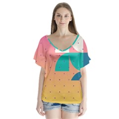 Abstract Geometric Bauhaus Polka Dots Retro Memphis Art V-neck Flutter Sleeve Top by Maspions