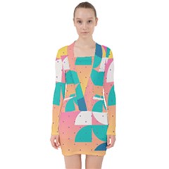 Abstract Geometric Bauhaus Polka Dots Retro Memphis Art V-neck Bodycon Long Sleeve Dress