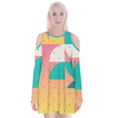 Abstract Geometric Bauhaus Polka Dots Retro Memphis Art Velvet Long Sleeve Shoulder Cutout Dress