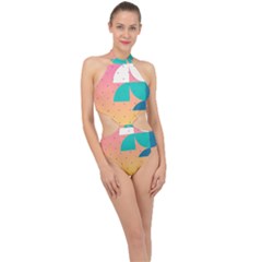 Abstract Geometric Bauhaus Polka Dots Retro Memphis Art Halter Side Cut Swimsuit