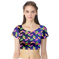 Background Pattern Geometric Pink Yellow Green Short Sleeve Crop Top