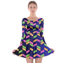 Background Pattern Geometric Pink Yellow Green Long Sleeve Skater Dress